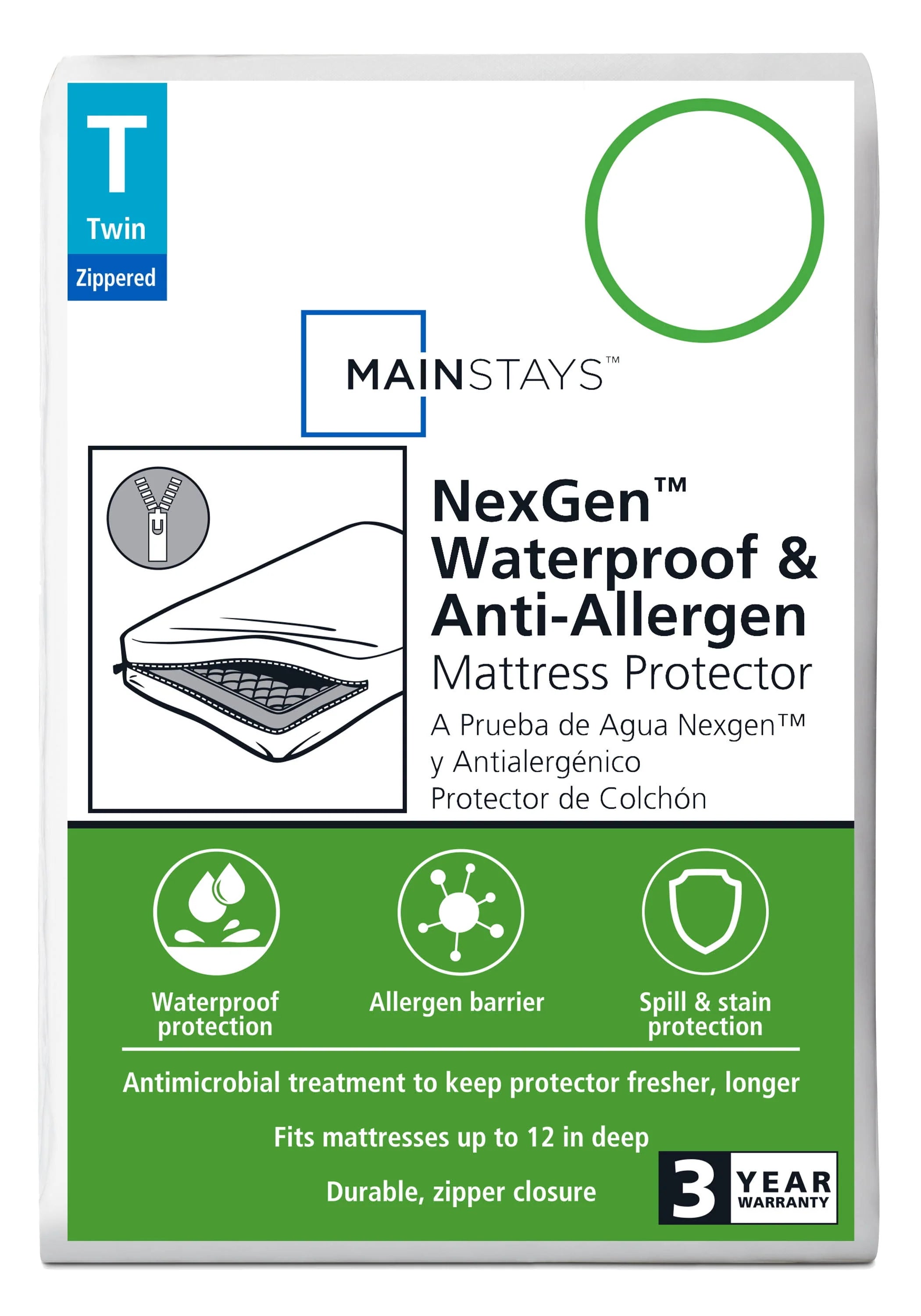 Mainstays Nexgen Waterproof Anti-Allergen Zippered Mattress Protector, Twin