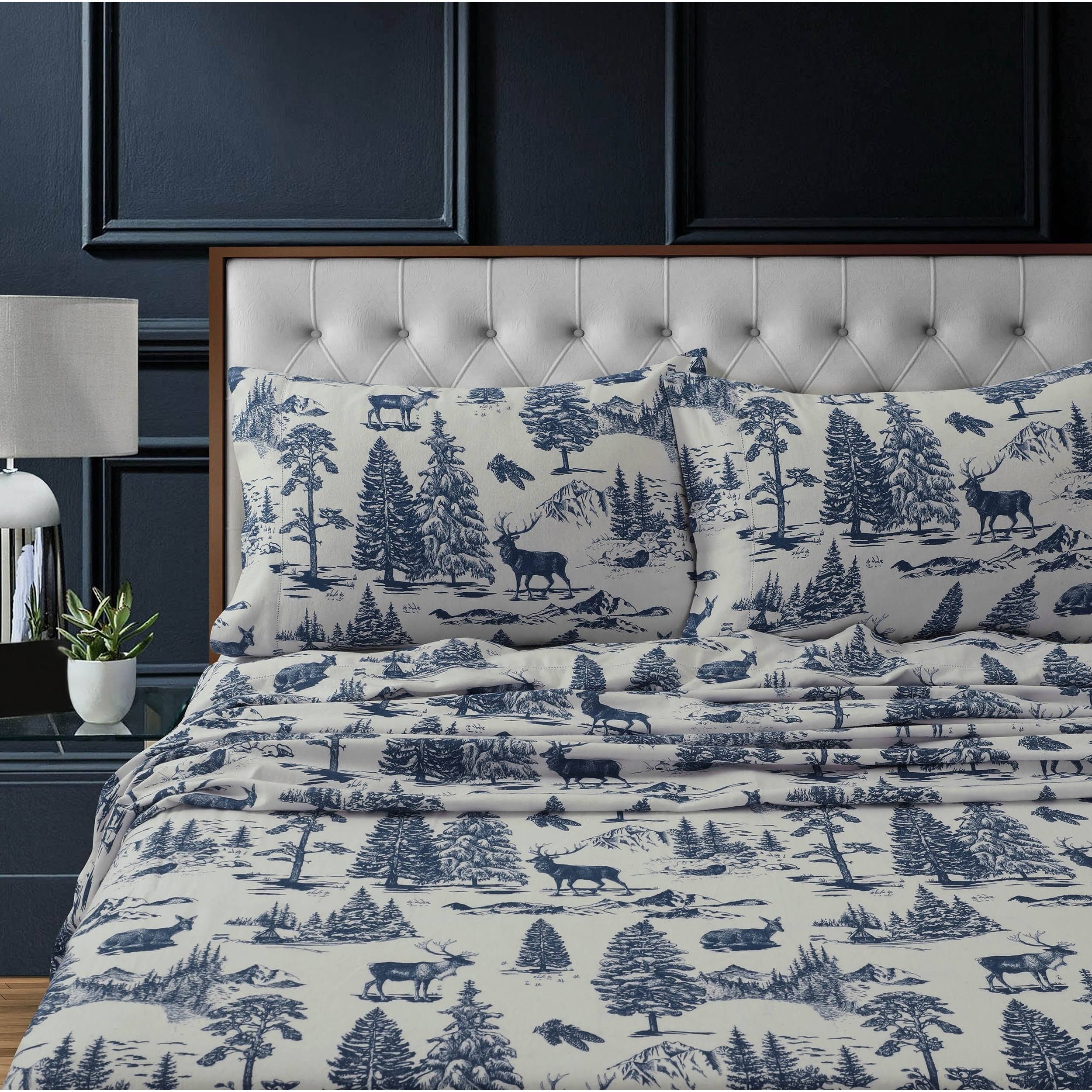 Mountain Toile Heavyweight 200-GSM Cotton Flannel Printed Extra Deep Pocket Sheet Set Size: California King Blue