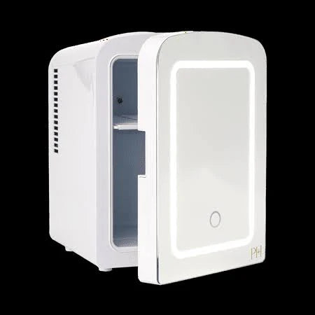 Paris Hilton Mini Refrigerator and Personal Beauty Fridge, Mirrored Door with Light, 4-Liter, White