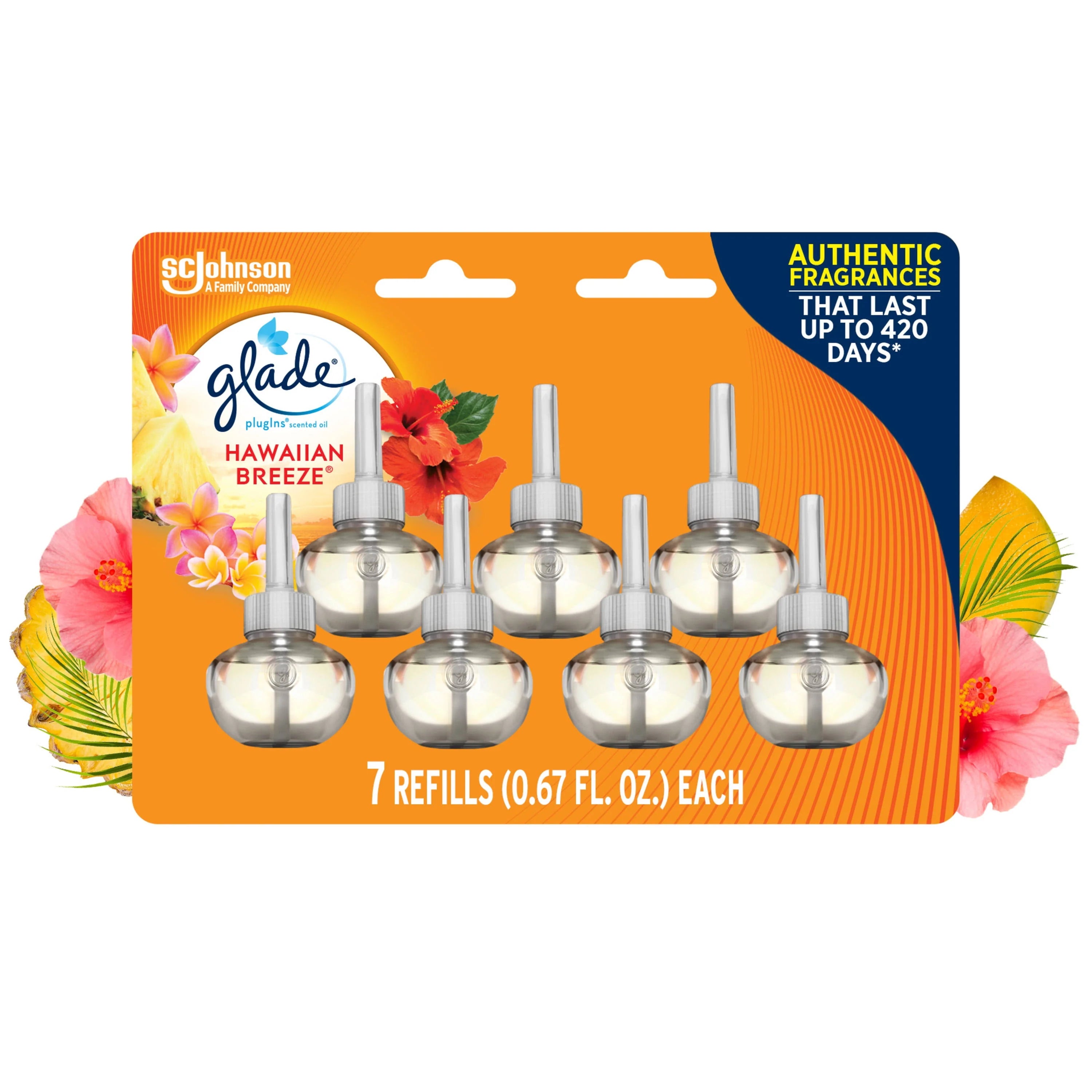 Glade PlugIns Scented Oil Refill, Hawaiian Breeze, 0.67 fl. oz., 7/Pack (350767)