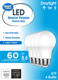 Great Value LED Light Bulbs, 60 Watts Eqv, Daylight, A19 General Purpose Light Bulbs, 5YR, 4pk 93131086