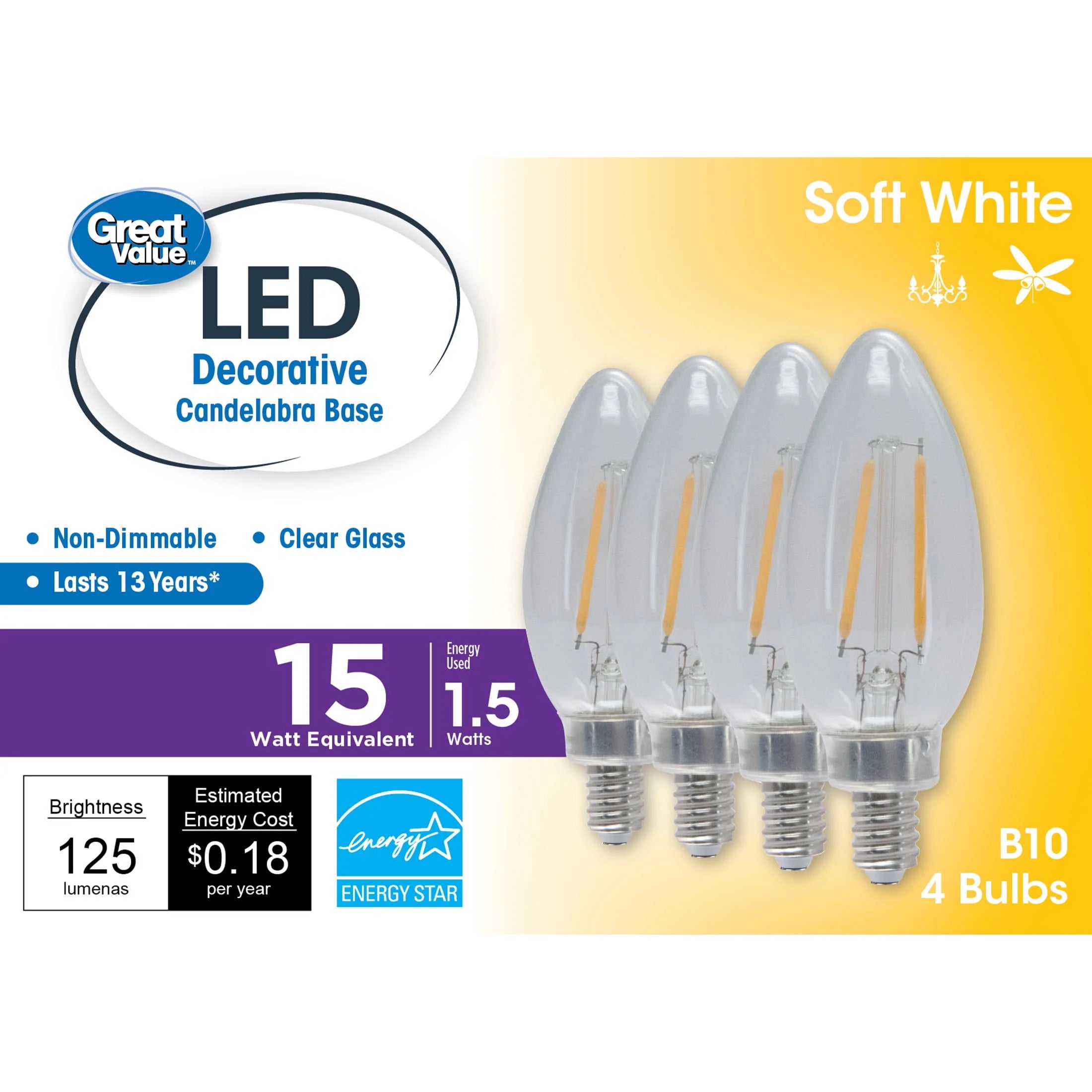 Great Value LED Light Bulb, 1.5 Watts (15w Equivalent) B10 Deco Lamp E12 Candelabra Base, Non-Dimmable, Soft White, 4-Pack