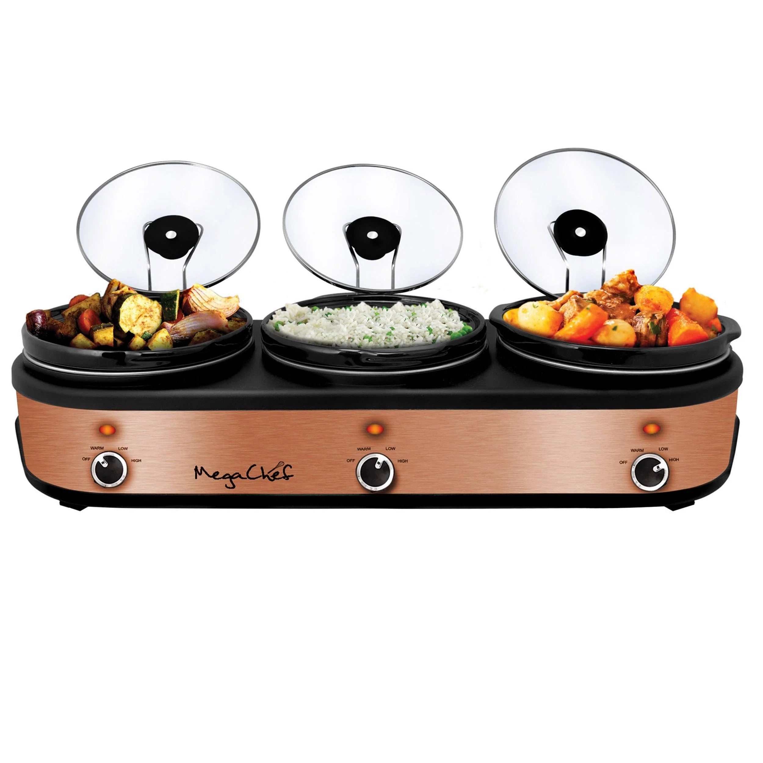 MegaChef Triple 2.5 qt Slow Cooker and Buffet Server in Brushed Copper