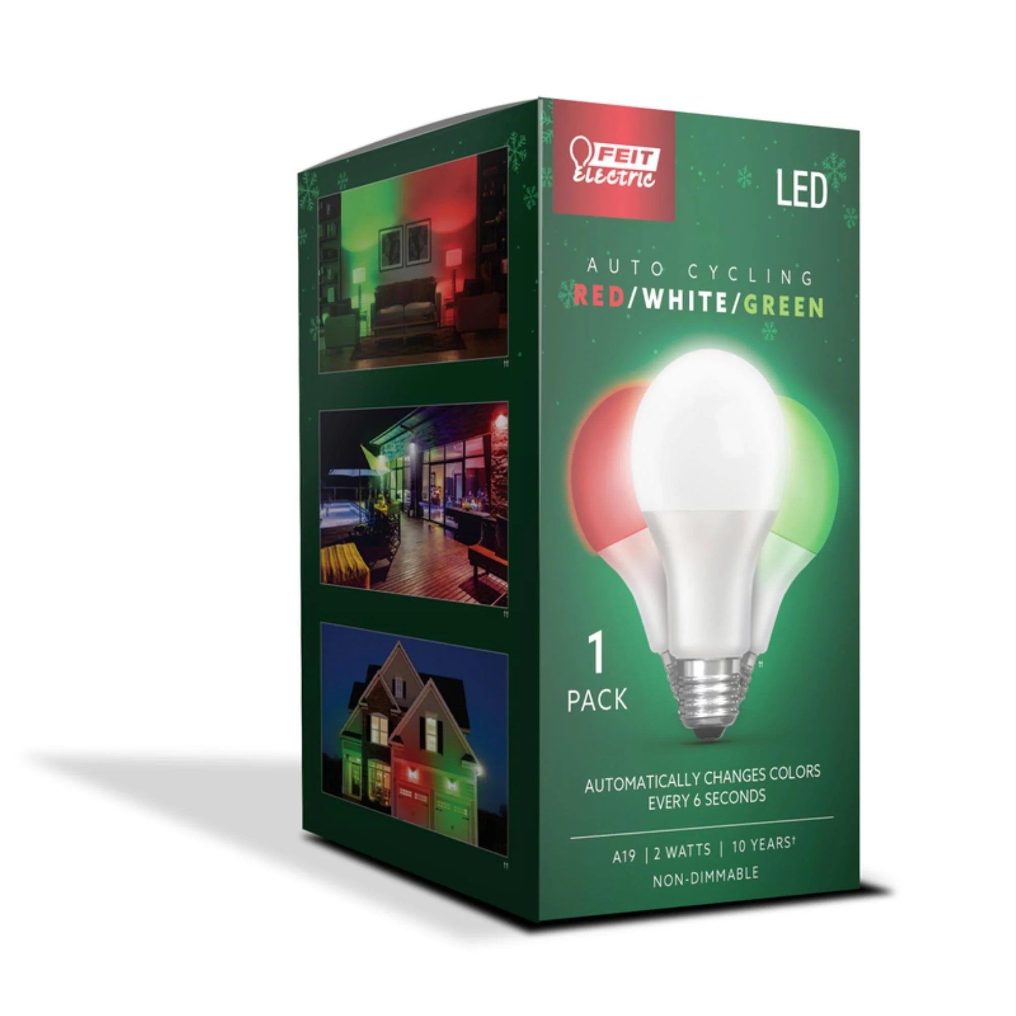 Feit Electric A19 E26 (Medium) Auto Cycling LED Bulb Green/Red/White 2 W 1 Pk
