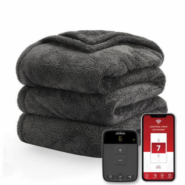 Sunbeam Loftec Wi-Fi Connected Electric Heated Blanket, Slate Gray, Twin