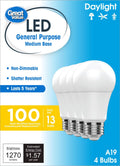 Great Value LED Light Bulbs, 100 Watts Eqv, Daylight, A19 General Purpose Light Bulbs, 5YR, 4pk 93131092