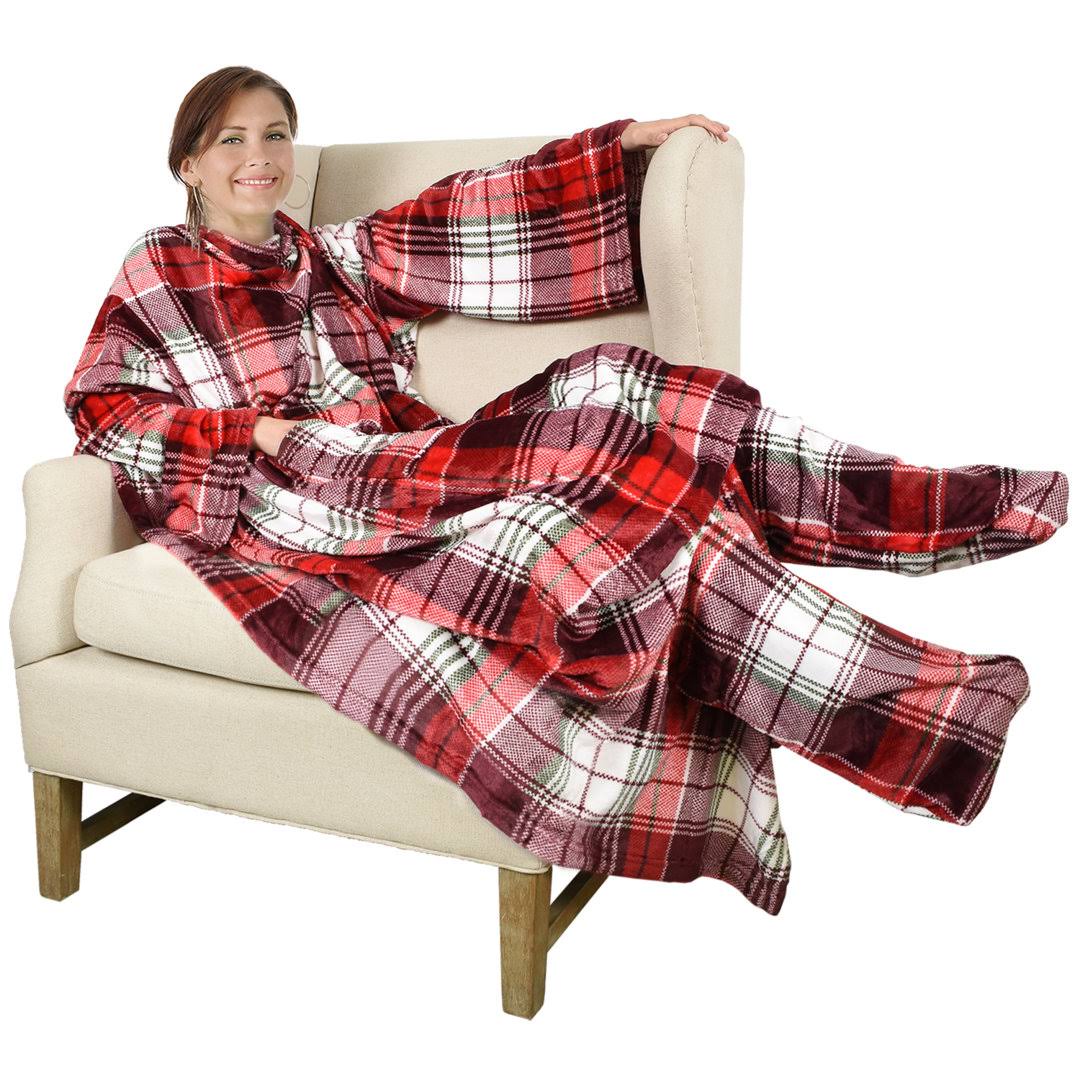 Catalonia Wearable Fleece Blanket with Sleeves and Foot Pockets for Adult Women Men, Micro Plush Comfy Wrap Sleeved Throw Blanket Robe Large, Red