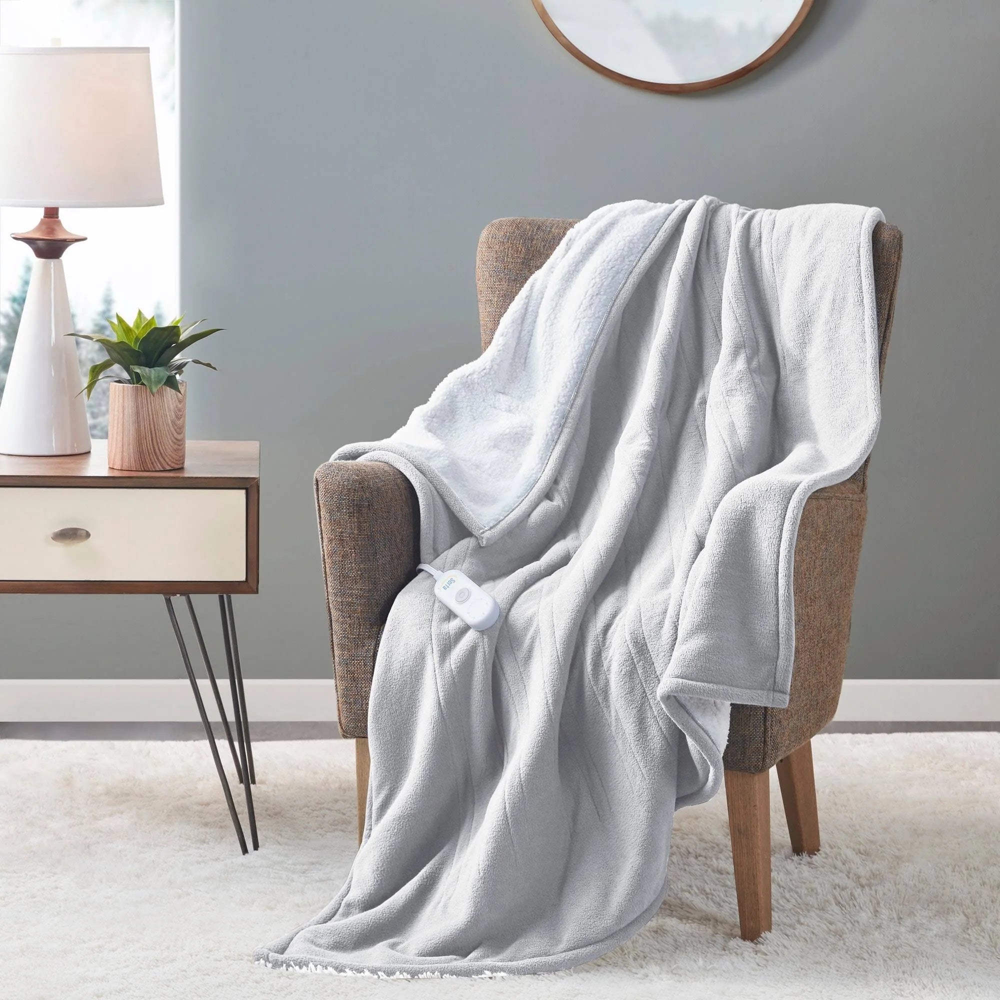 Serta Fleece to Sherpa Heated Throw - Light Grey