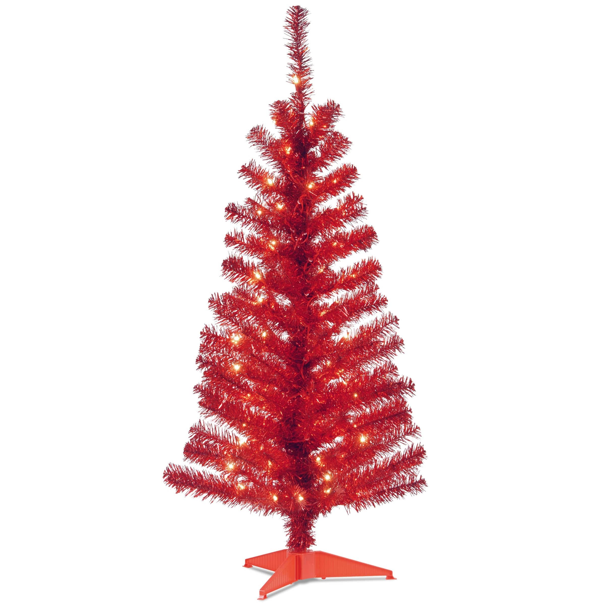 National Tree 4' Red Tinsel Tree with Clear Lights