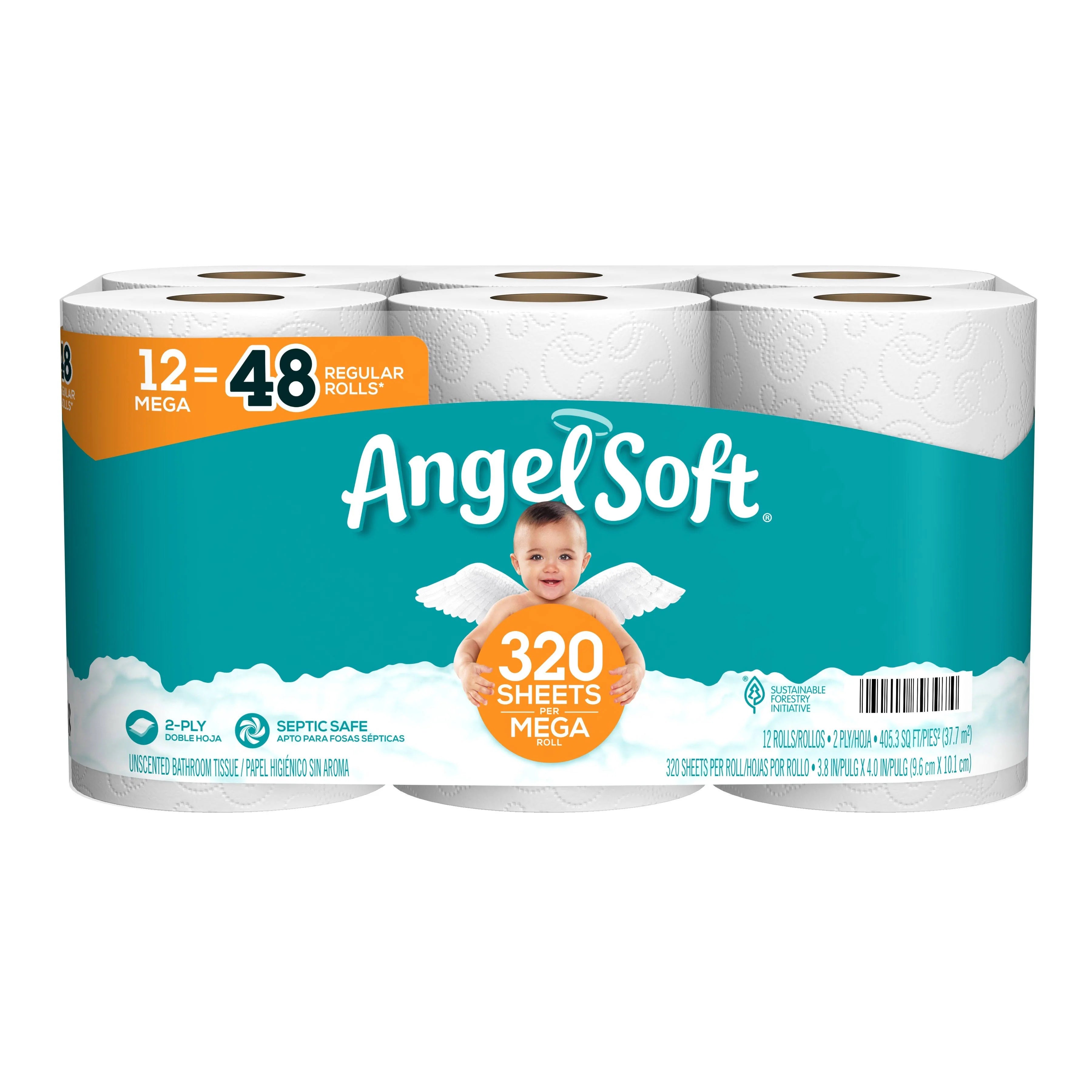 Angel Soft Bathroom Tissue, Unscented, Mega Roll, 2 Ply - 12 rolls