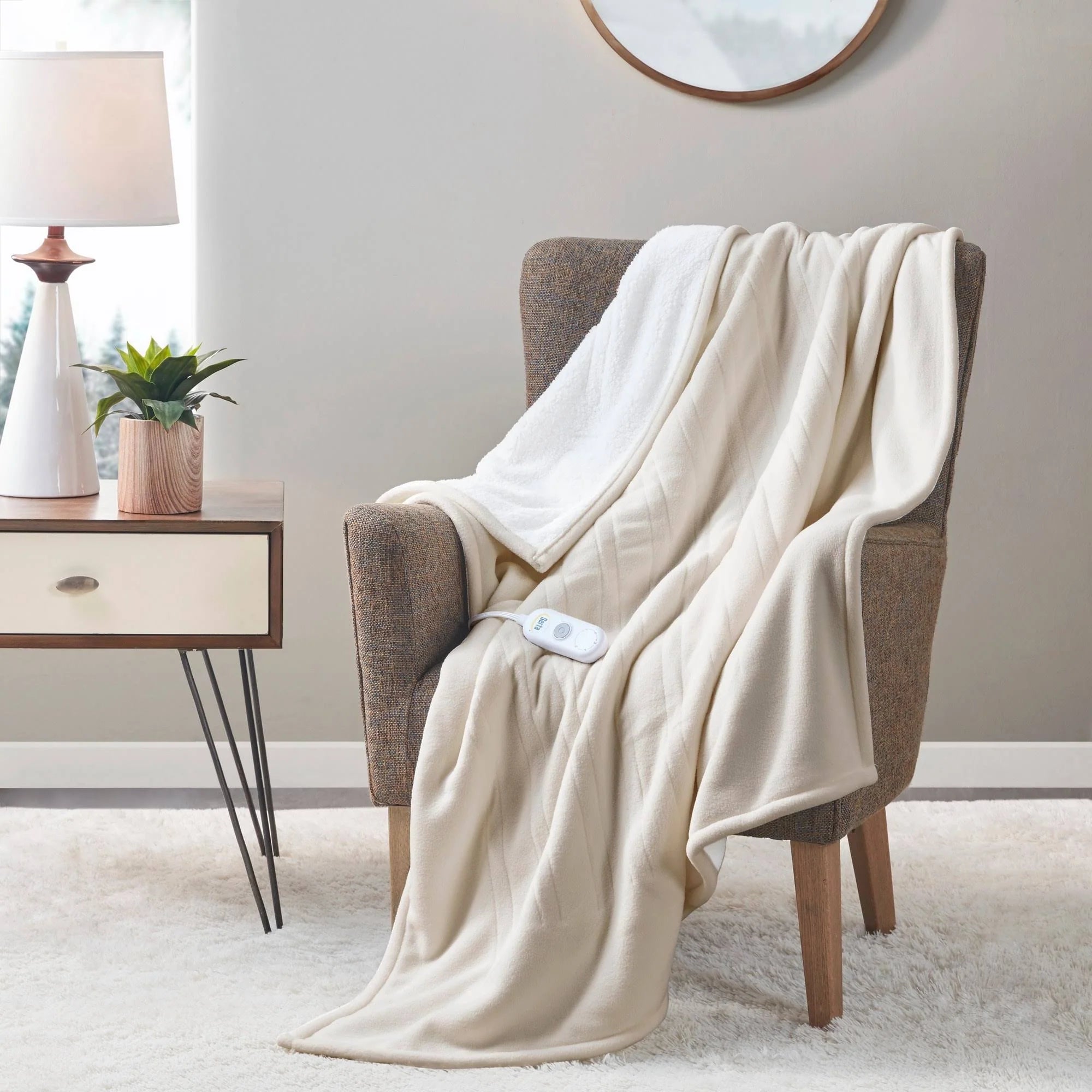 Serta Fleece to Sherpa Heated Throw - Tan