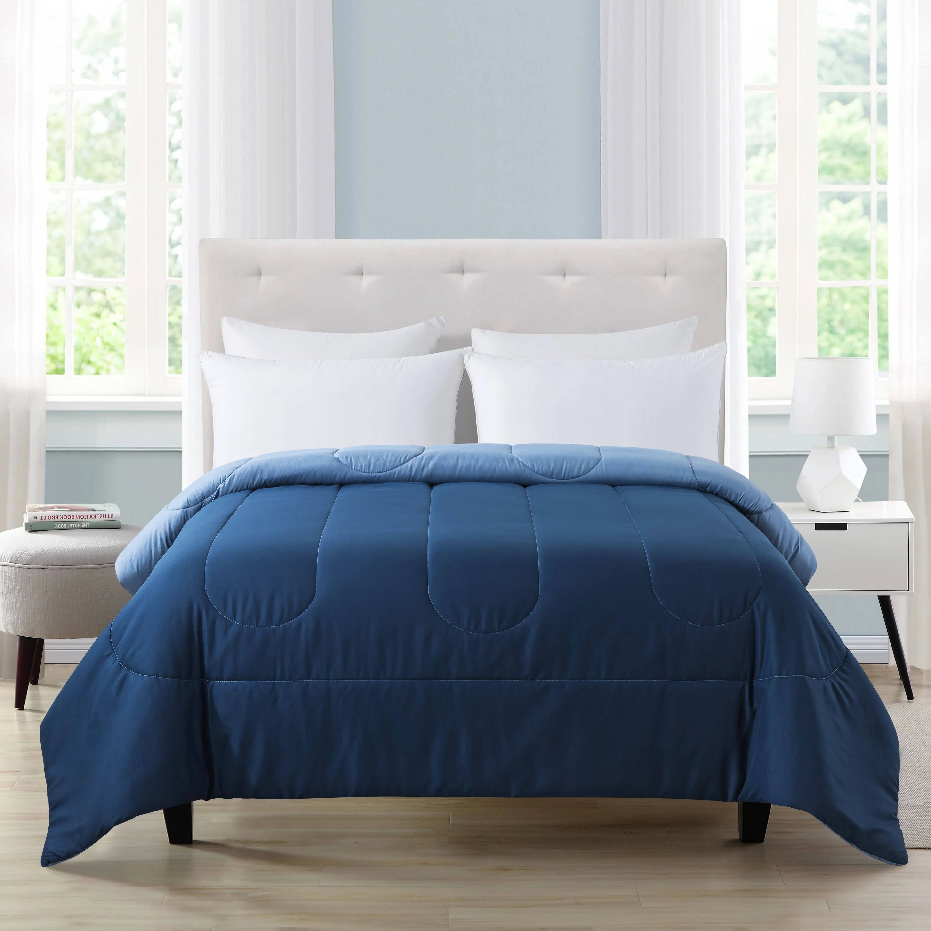 Mainstays Reversible Microfiber Comforter, Navy, Queen