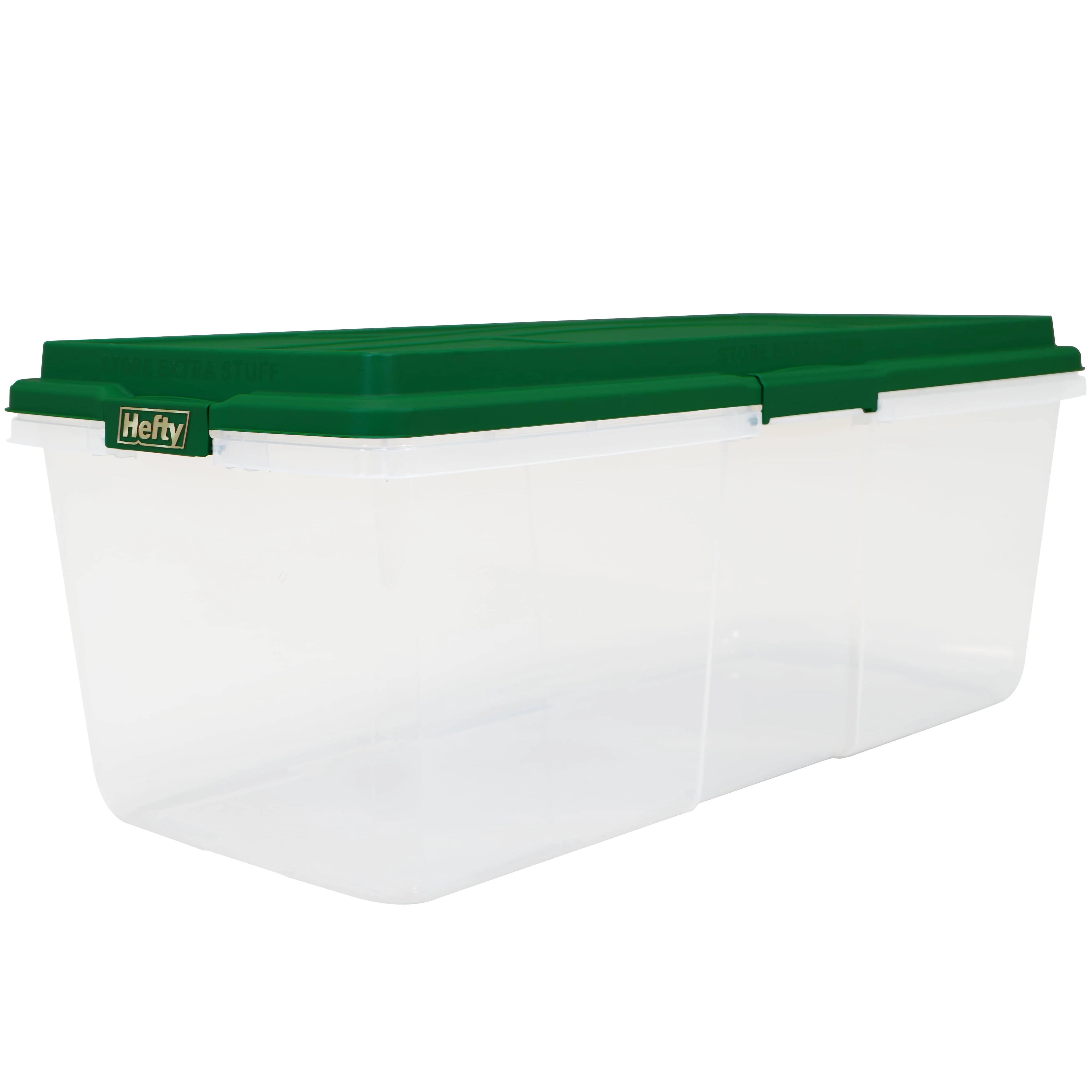 Hefty 113 qt Clear Plastic Holiday Latched Storage Bin, Green Lid