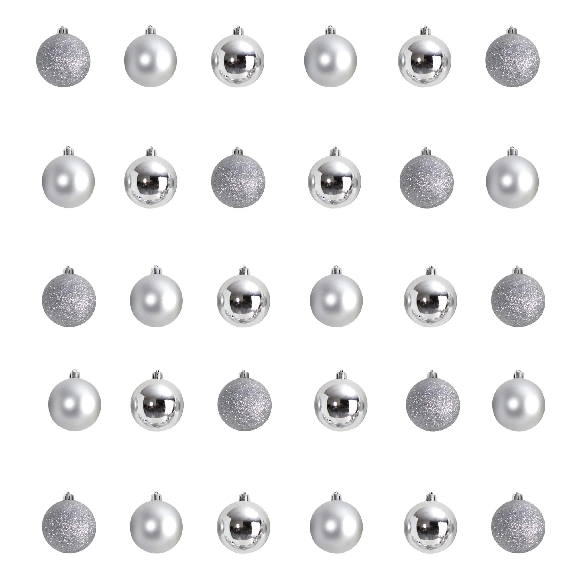 Nearly Natural Holiday Christmas 30 Count 2.5in. Shatterproof Ornament Set with Re-Useable Storage Container, Silver