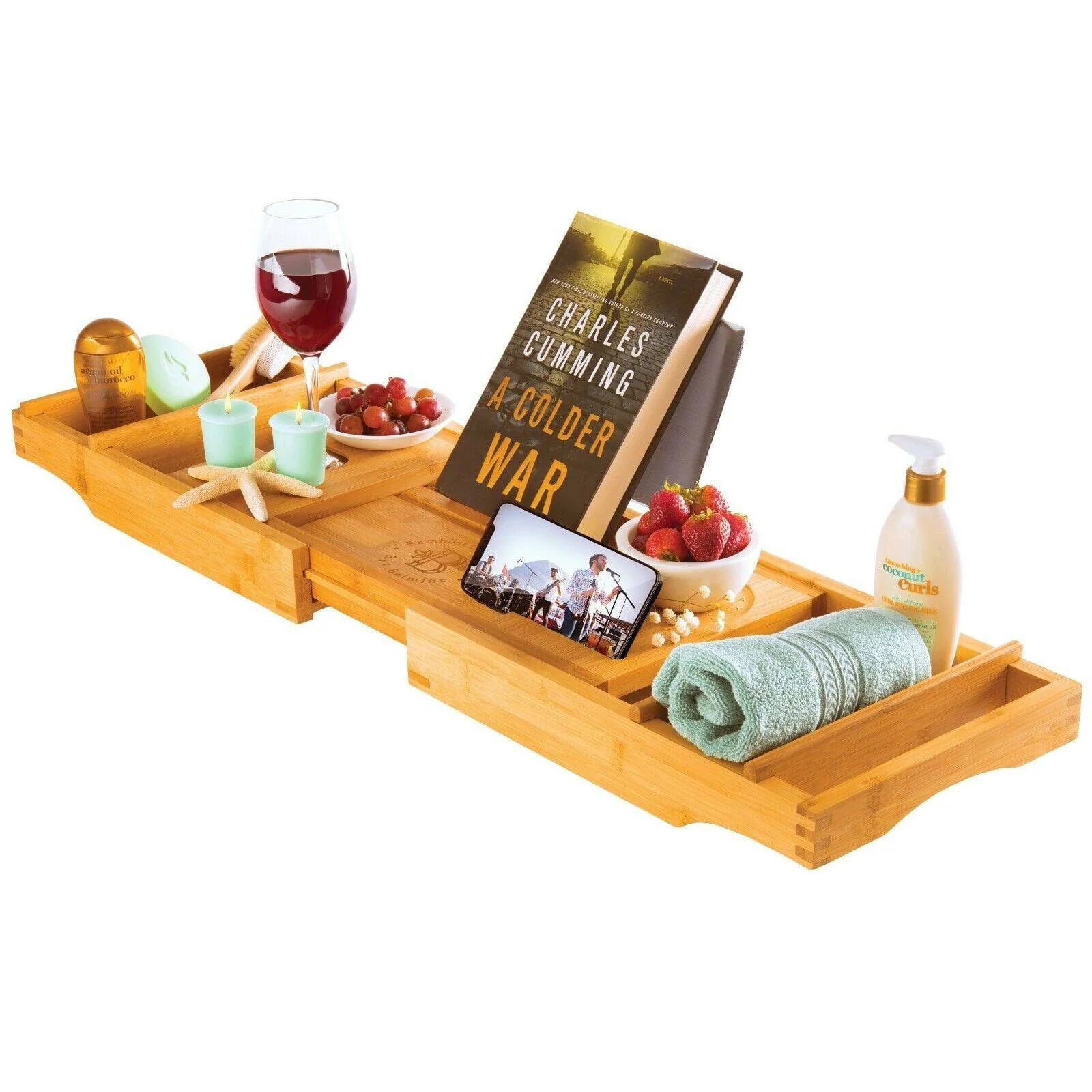 Luxury Bamboo Bathtub Caddy Tray, Expandable Sides Bath Caddy Tray (Book, Wine,