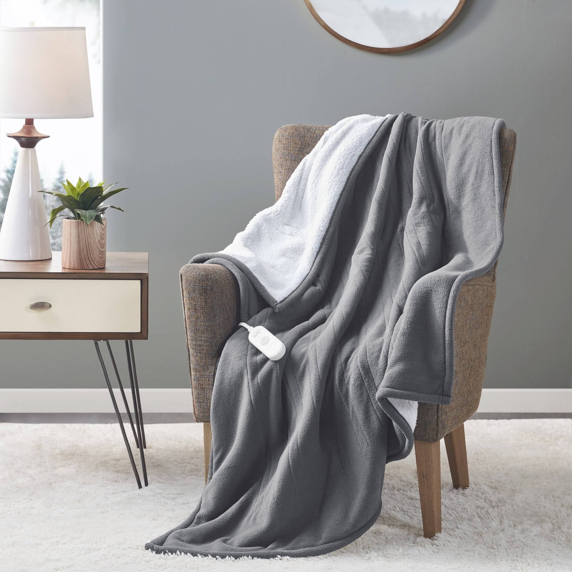 Serta Fleece to Sherpa Heated Throw, 50x60 inch, Dark Grey
