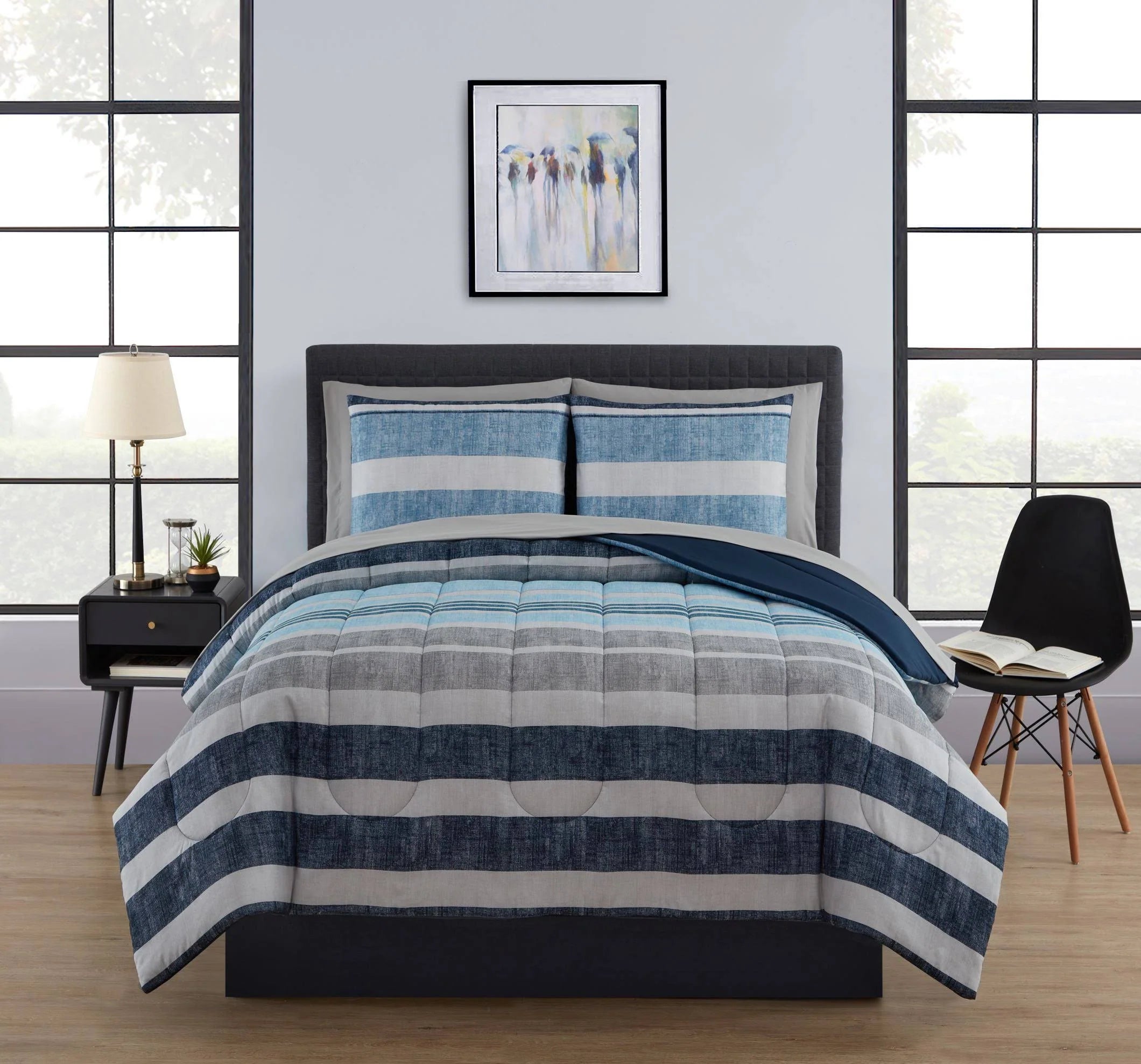 Mainstays Stripe Bed in A Bag Comforter Set with Sheets - Blue - Full Each