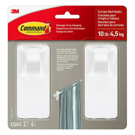 Command White Curtain Rod Hooks, 2 Hooks, 4 Adhesive Strips