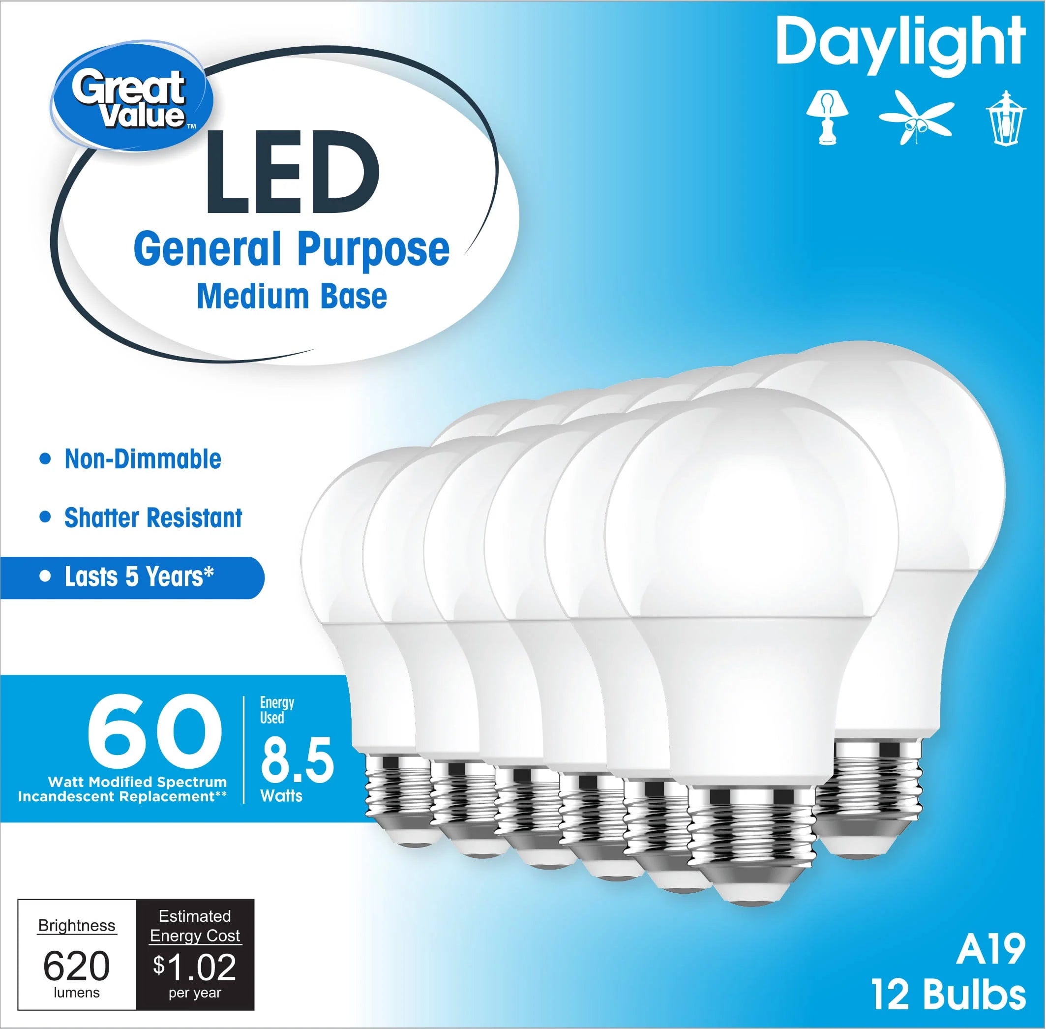 Great Value LED Light Bulbs, 60 Watts Eqv, Daylight, A19 General Purpose Light Bulbs, 5YR, 12pk, White 93131088
