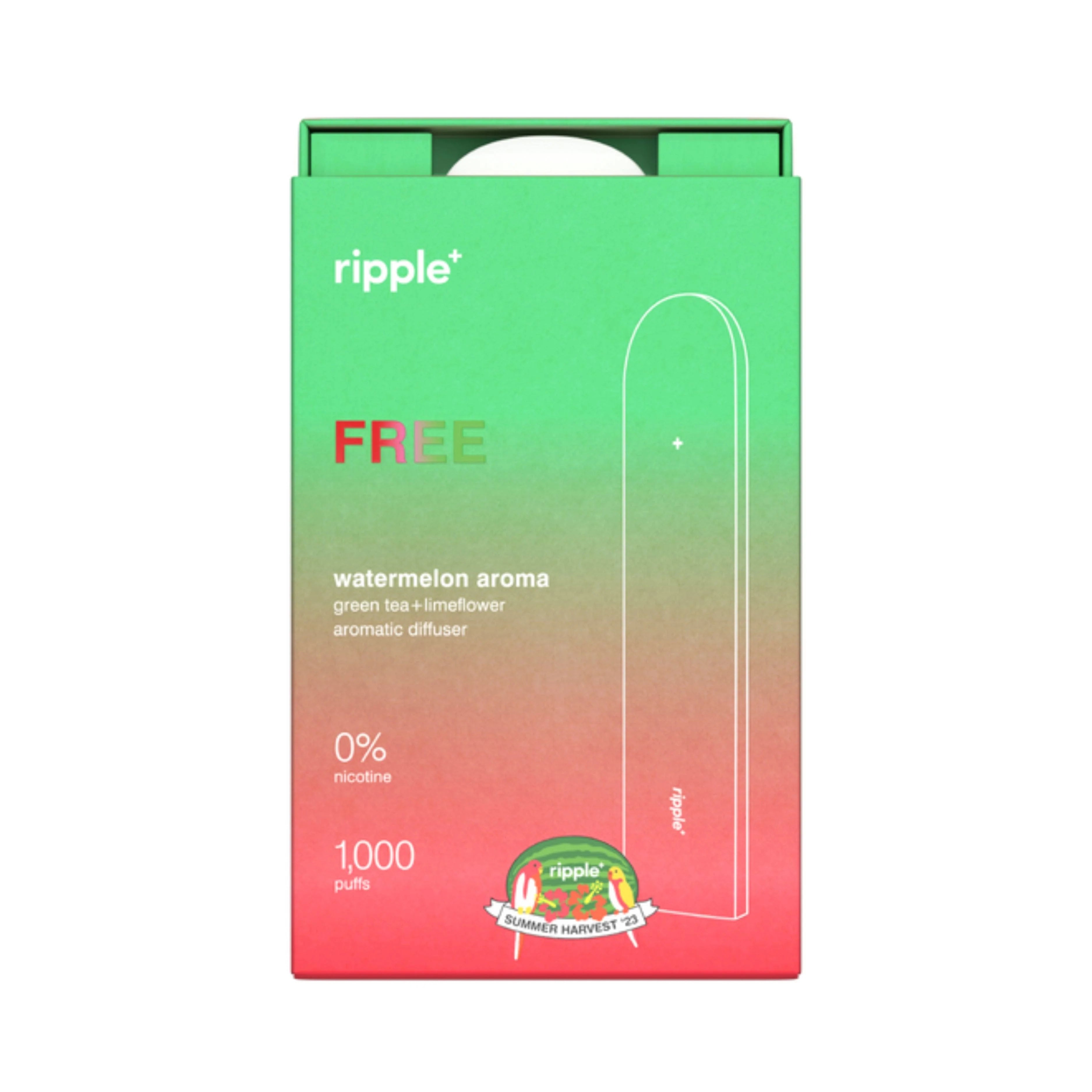 ripple+ Free - Limited Edition - Zero Nicotine Watermelon Puffs | Portable Aromatherapy Diffuser Pen | 1,000 Puffs