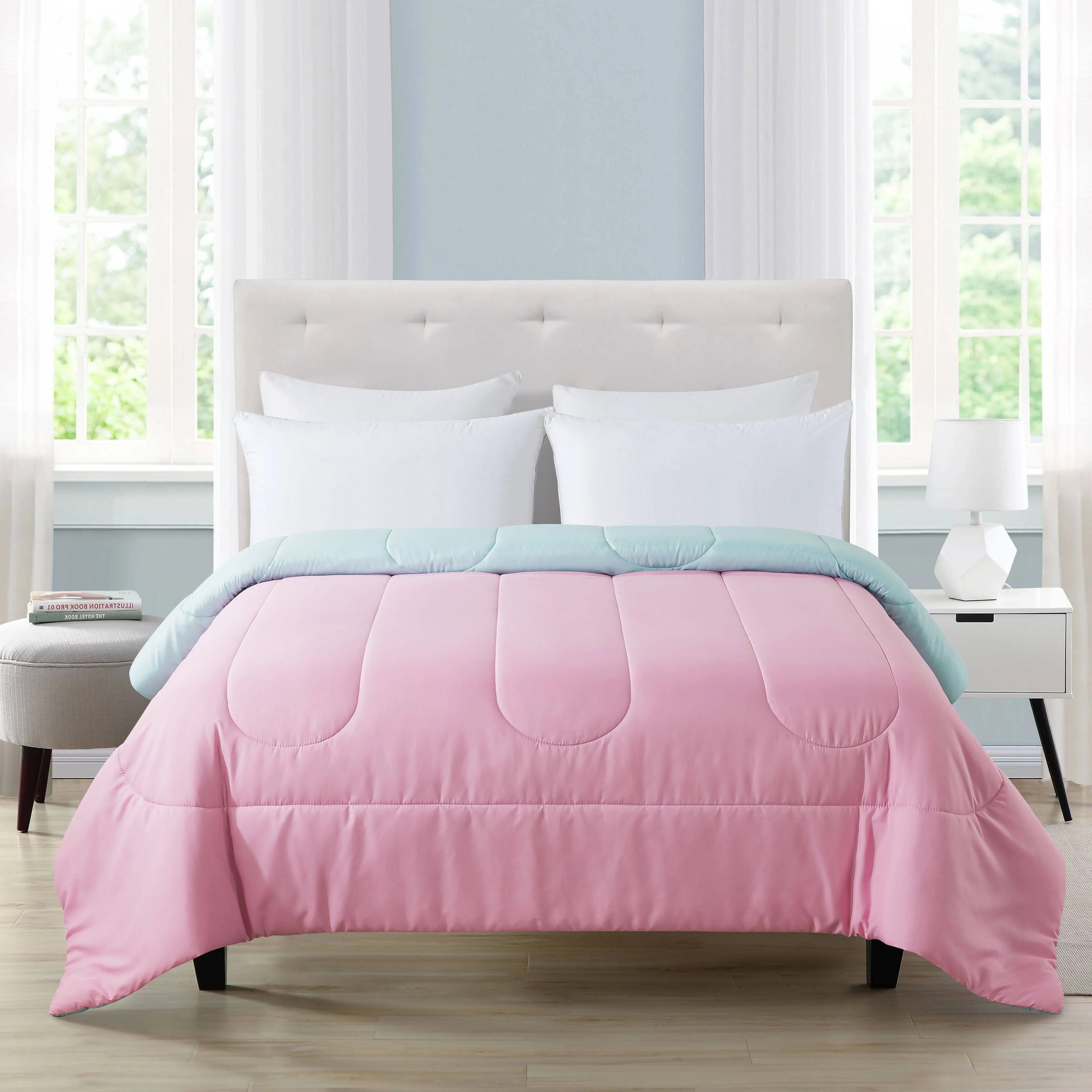 Mainstays Reversible Microfiber Comforter, Pink/Teal, Twin