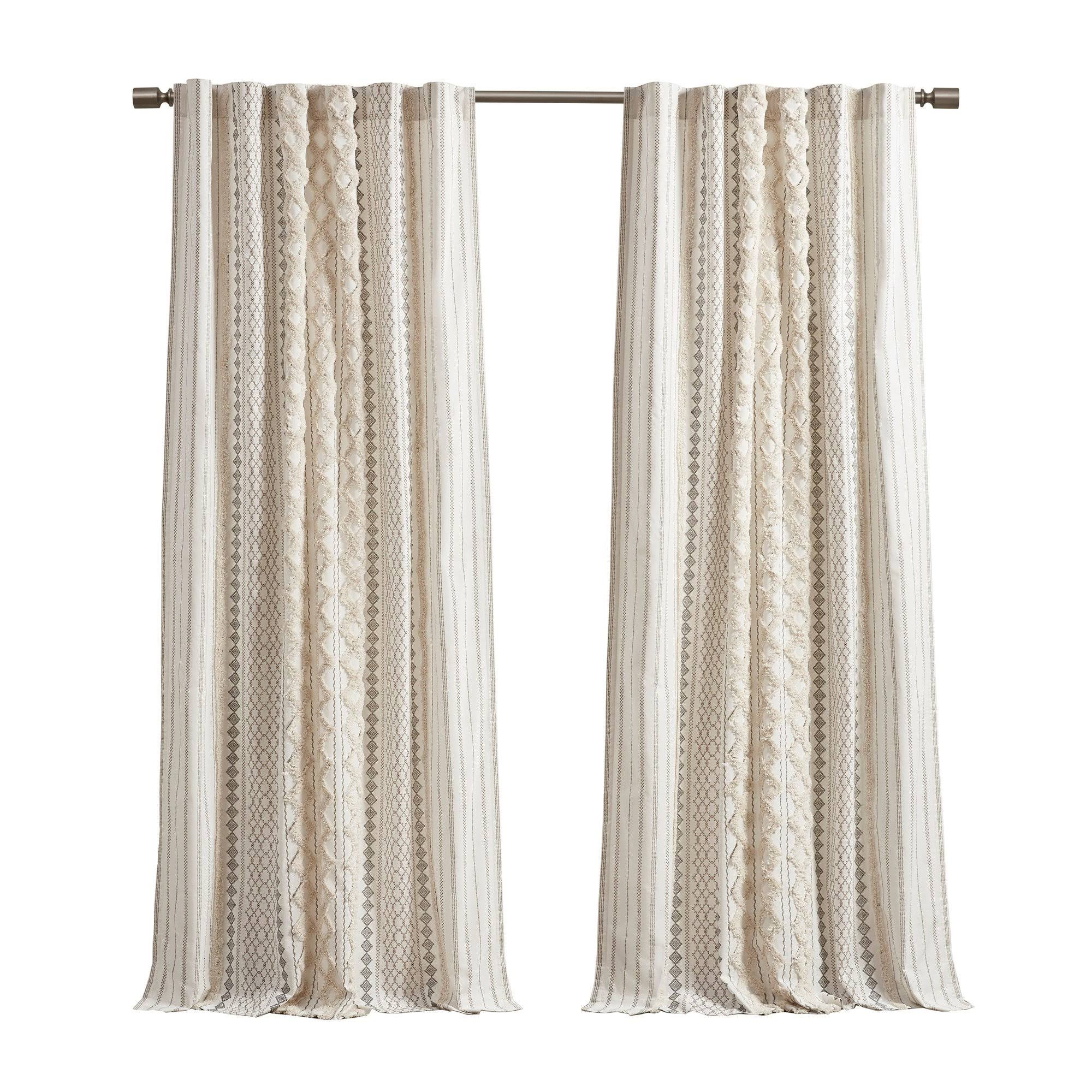 Imani Cotton Printed Curtain Panel with Chenille Stripe and Lining - Ivory - INK+IVY