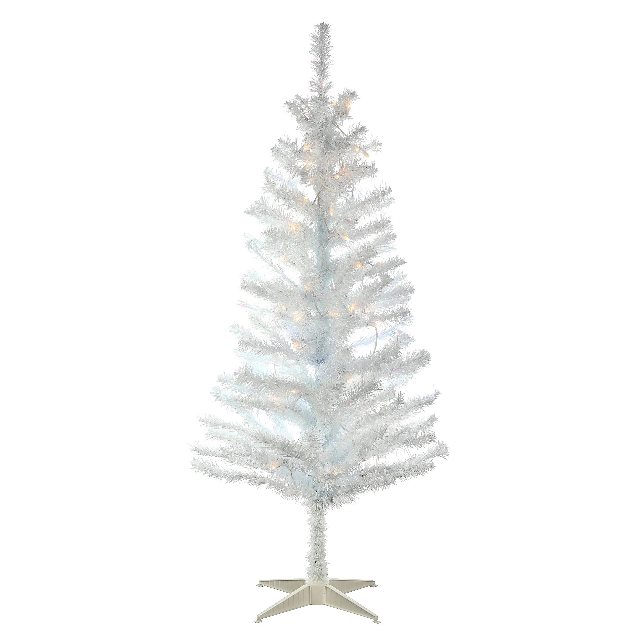 National Tree White Iridescent Tinsel Tree with Clear Lights 4'