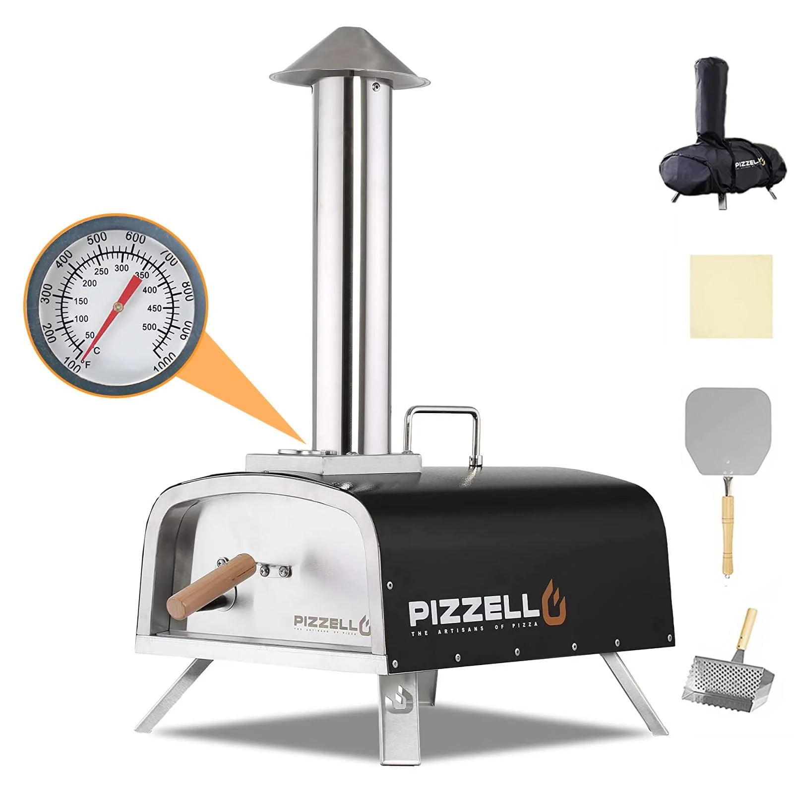 Pizzello Pellet Pizza Oven 12" Outdoor Wood Fired Pizza Ovens with Pizza Stone, Pizza Peel, Fold-Up Legs, Cover, Thermometer, Chimney - Black